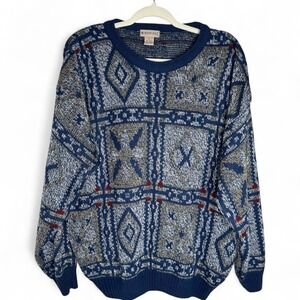 Vintage Windridge Men's 90s Blue Gray Geometric Grandpa Dad Sweater XL Cabincore